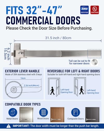 31.5" Stainless Steel Silver Push Bar Panic Exit Device - color: silvery‑white