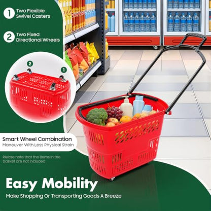 6 PCS Rolling Shopping Basket, 9 Gal Plastic Shopping Carts (Red) - color: Red