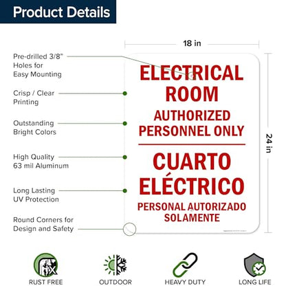 Electrical Room Authorized Personnel Only Bilingual Sign, 18x24 Inches, Rust Free .063 Aluminum, Fade Resistant, Made in USA by My Sign Center - size: 18x24 Aluminum