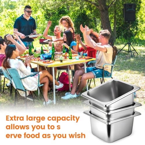 KUK 6 Packs Stainless Steel Hotel Pans with Lids 1/4 Size x 6" Deep Steam Table Commercial Food Storage Containers Stackable Metal Steamer Anti-Jam Restaurant Warm Pans