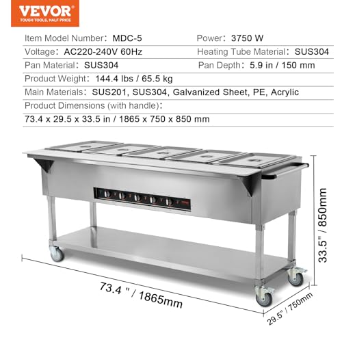 VEVOR 5-Pan Commercial Food Warmer, 5 x 20.6QT Electric Steam Table, 3750W Professional Buffet Catering Food Warmer with 4 Wheels (2 Lockable), Food Grade Stainless Steel Server for Party Restaurant - size: 5-Pan (103 QT)