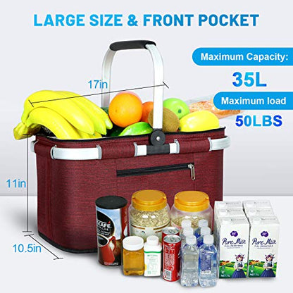 LIQING 35L Large Picnic Basket 2 Layers of Internal Pockets Leak-Proof and Insulated ，Folding with Internal Support for enhansed Stability, Wedding Gifts for Couple(Wine red) - color: Wine Red