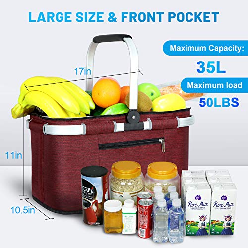 LIQING 35L Large Picnic Basket 2 Layers of Internal Pockets Leak-Proof and Insulated ，Folding with Internal Support for enhansed Stability, Wedding Gifts for Couple(Wine red) - color: Wine Red