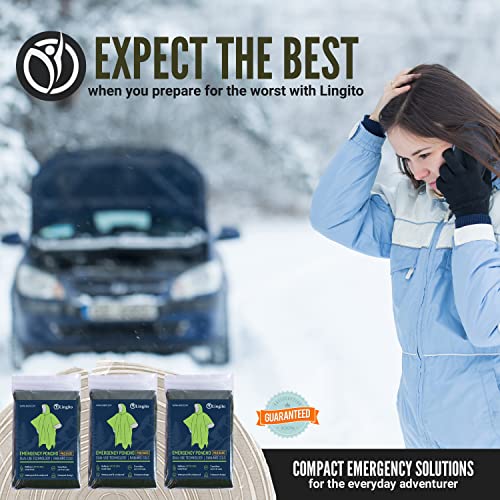 Lingito Rain Ponchos Family Pack - Emergency Drawstring Hood Poncho for Children & Adults Lightweight Reusable or Disposable - color: Green, style: Thermal (3+1-pack)