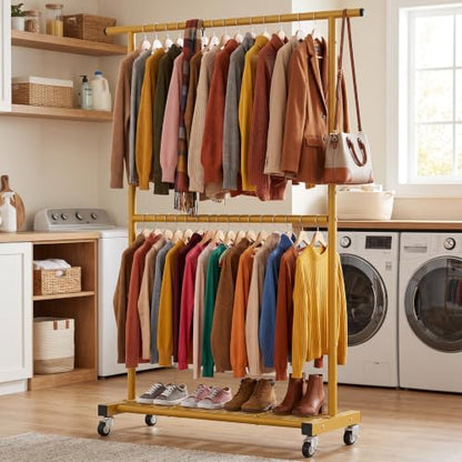 Sywhitta Double Rod Metal Clothing Rack on Wheels with Bottom Mesh,Gold - color: Gold, size: With mesh