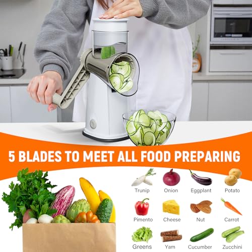 Rotary Cheese Grater Hand Crank, 5-in-1 Vegetable Chopper Spiralizer Slicer - color: White