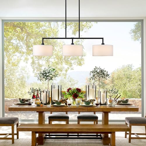 47" W Modern Linear Kitchen Island Pendant Light Fixture 3-Light White Linen Drum Shade Chandelier Black Metal Linear Chandeliers for Dining Room Farmhouse Hanging Light for Living Room, Bar, E26 - color: Black and White