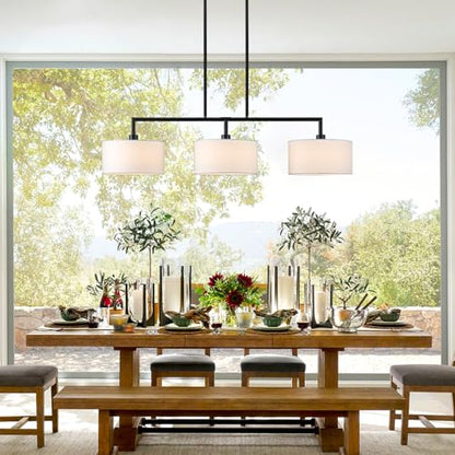 47" W Modern Linear Kitchen Island Pendant Light Fixture 3-Light White Linen Drum Shade Chandelier Black Metal Linear Chandeliers for Dining Room Farmhouse Hanging Light for Living Room, Bar, E26 - color: Black and White