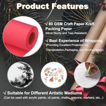 PATIKIL Wrapping Paper, 12"x315"(26') Bulletin Board Paper Roll Kraft Paper Roll Construction 80GSM for Shipping Packing Gift Wrapping Craft Flower Bouquet Christmas, Red - color: Red, size: 1 Roll (Pack of 1)