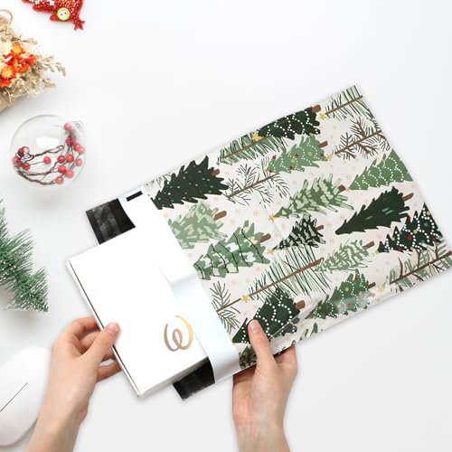 JarThenaAMCS 100Pcs Christmas Poly Mailer 10 x 13 Inch Green Xmas Tree Packaging Bags Forest Woodland Self Seal Mailing Envelope Bags for Winter Small Business Clothing