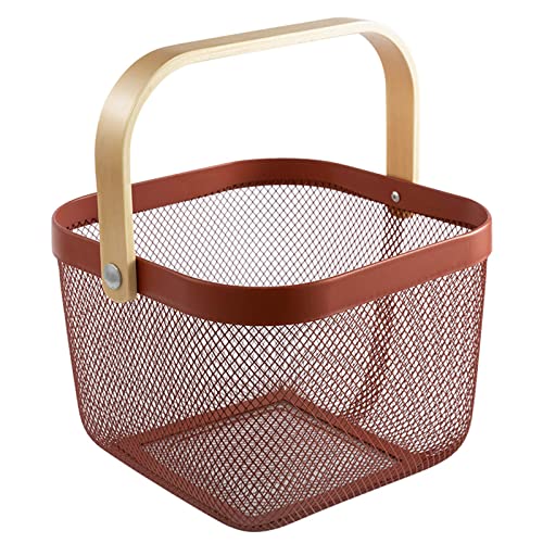 AJIODA Metal Mesh Steel Basket, Storage Organizer Basket Multi-functional Hanging Kitchen Baskets Fruit Basket Bin with Bamboo Handle for Kitchen Bathroom Picnic Shopping Decor Cabinet Home, Red - color: Red