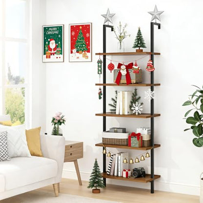 Karl home Rustic Brown 5 Tier Wall Mount Ladder Shelf, Metal Frame Bookcase - color: Rustic Brown