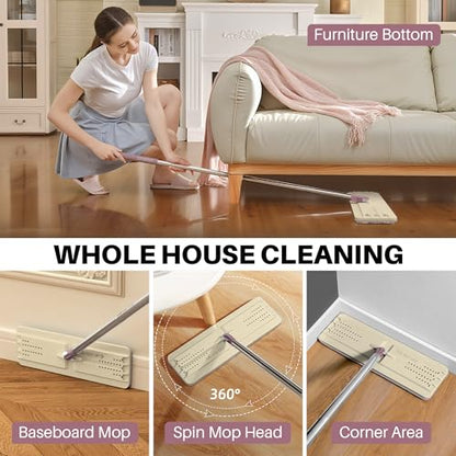 JOYMOOP Flat Mop System, Microfiber Cleaning System for Floor Cleaning and Wall Use, 50" Handle with 13" Flat Head, Beige & Blush Brown - color: J