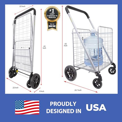dbest Products Cruiser Cart Deluxe 2 with Liner Bag Bundle Shopping Grocery Rolling Folding Laundry Basket on Wheels Foldable Utility Trolley Compact Lightweight Collapsible - color: Silver, style: Deluxe 2 Bundle