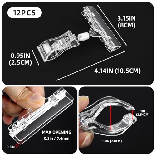 12 Pcs Clear Plastic Sign Clips Rotatable Double-Sided Price Tag Holders Merchandise Display Swivel Pop Clips for Retail Store Shelf Clothing Rack