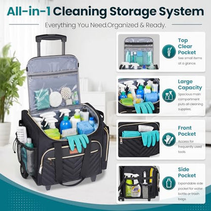 INSMEER Cleaning Caddy with Wheels,3 Removable Clear Bag and 1 Shoulder Bag