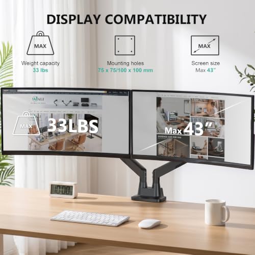 WALI Longer Dual Monitor Arm for 13-43 inch Curved Screens, 33 lbs per Arm - color: Black (Dual), size: 13" to 43"