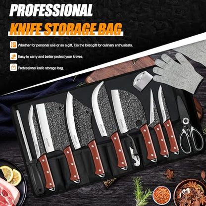 MDHAND Butcher Knife Set, Hand Forged Kitchen Chef Knife Set with Roll Bag - size: 14PCS Hammer Pattern Butcher Knife Set