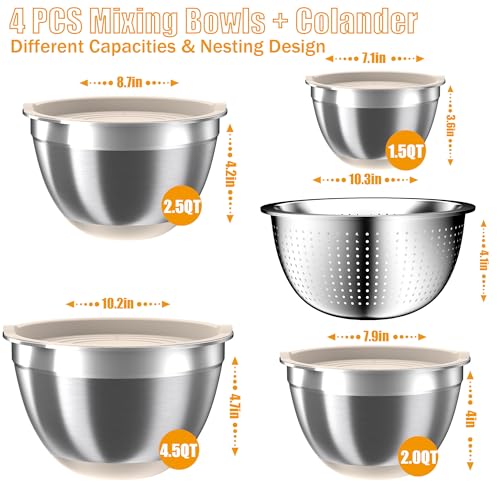 Mixing Bowls with Airtight Lids Set, 4 Stainless Steel Bowls Nesting Bowls & Colander, Kitchen Organizers and Storage Non-Slip Bottom, Size 1.5/2.0/2.5/4.5QT, Great for Mixing & Serving, Khaki - color: Khaki