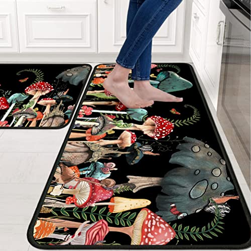 Mushroom Kitchen Rugs 2 Piece Set for Floor Mat, Non Skid Washable Absorbent Microfiber Mushroom Kitchen Mat for in Front of Sink for Standing for Home Mushroom Kitchen Decor 17"X30"+17"X47" - color: Mushroom Kitchen Mat