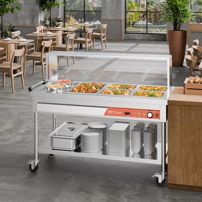 VEVOR Commercial Food Warmer, 5 Pans + 2 Pots Electric Steam Table, 1800W Professional Buffet Catering Food Warmer with Shield Undershelf Wheels, Stainless Steel Server for Party Restaurant Hotel - size: 5 Pans + 2 Pots