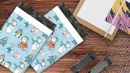 10x13 (100) Winter Animals Poly Mailers Christmas Designer Self Sealing Waterproof Tamperproof Shipping Envelopes Premium Printed Bags For Small Businesses - color: Winter Animals, size: 10x13