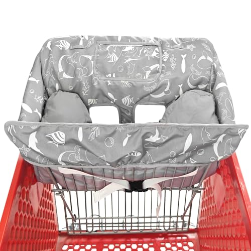 Love&go Soft Pillow Attached 2-in-1 Shopping Cart and High Chair Cover for Baby, Cotton Padded Cart Cover, Fold'n Roll Style, Portable with Carry Bag (Gray Seaworld) - color: Gray Seaworld