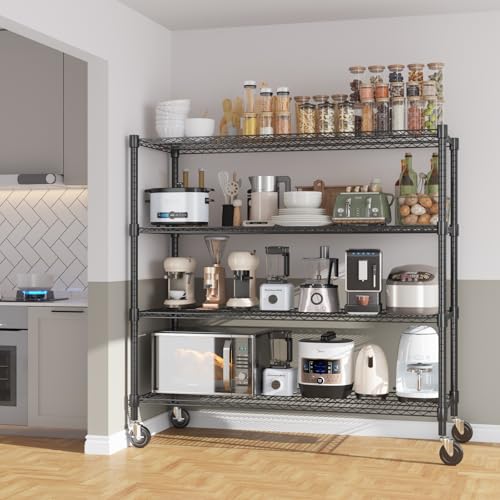 Himimi 72" H Storage Shelves 4 Tier Metal Shelving Adjustable Wire Shelf with Wheels, Heavy Duty Shelving for Garage Kitchen Pantry Bathroom Laundry 18" D*48" W*72" H, Black - color: Black, size: 18"D×48"W×72"H, 4-Tier