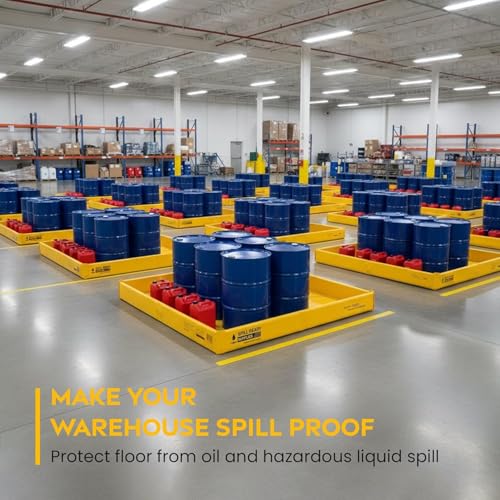 (4-Pack) 4' x 8' Foam Wall Spill Containment Berm, 22oz PVC - 115 Gallon Sump, 4x8 Folding Duck Pond, Yellow with 0.75" Drain - Reusable Oil, Fuel & Chemical Spill Containment Tray - size: 4' x 8'