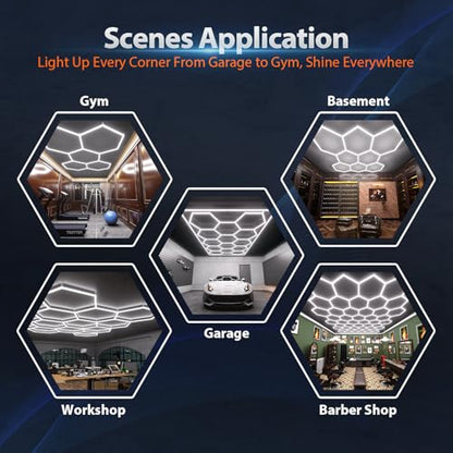 Hexagon Garage Lights: 245W 35 Pack 8 Grids LED Garage Lights - Easy Install 6500K Super Bright Honeycomb Light for Warehouse, Car Detailing Shop, Exhibition Hall, Gym - size: 8 HEX
