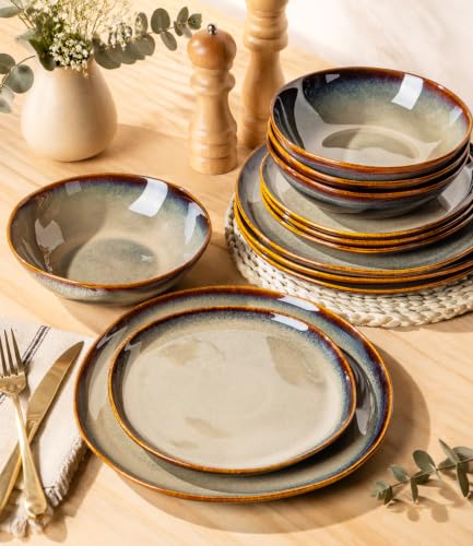 TheTerra Ceramic Dinnerware Set for 4, 12-Piece Plates and Bowls Set - color: Mocha Brown