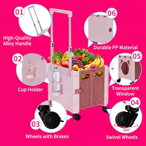 Foldable Shopping Cart with Wheels: Cat-Style Rolling Utility Crate - color: Khaki