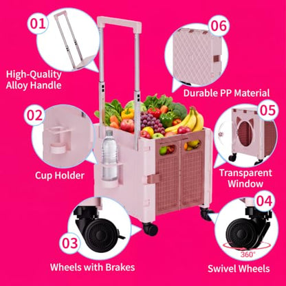 Foldable Shopping Cart with Wheels: Cat-Style Rolling Utility Crate - color: Khaki