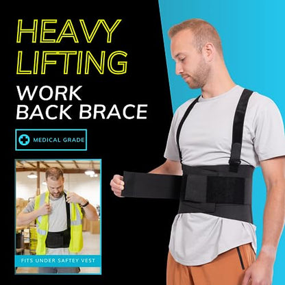 BraceAbility Work Back Brace - Industrial Lower Back Pain Protection Belt for Men and Women, Construction, Moving, Warehouse Jobs - Removable Suspender Shoulder Straps for Heavy Lifting Safety (L) - size: Large