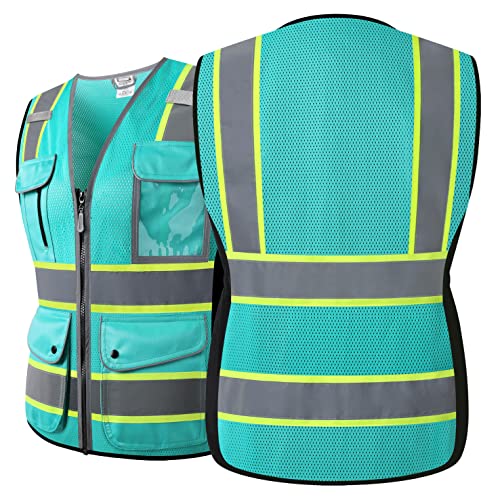 High Visibility Reflection Peacock Mesh Safety Vests with 9 Pockets and Front Zipper, hi vis safety vest for Women (Peacock-16,XL) - color: Peacock, size: X-Large