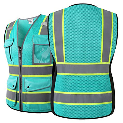 High Visibility Reflection Peacock Mesh Safety Vests with 9 Pockets and Front Zipper, hi vis safety vest for Women (Peacock-16,XL) - color: Peacock, size: X-Large
