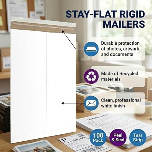BOX USA Rigid Mailers 9" x 12" (100-Pack) - Cardboard Mailer Envelopes for Photos, Documents, Prints - Stay Flat - size: 9" x 12" (100-Pack)