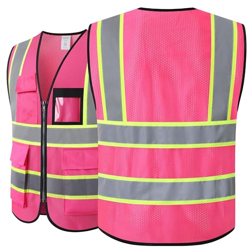 Reflective Safety Vest for Men Women Hi Vis Vest with 8 Pockets High Visibility Mesh Reflective Vest (Pink-07,Medium) - color: Pink, size: Medium