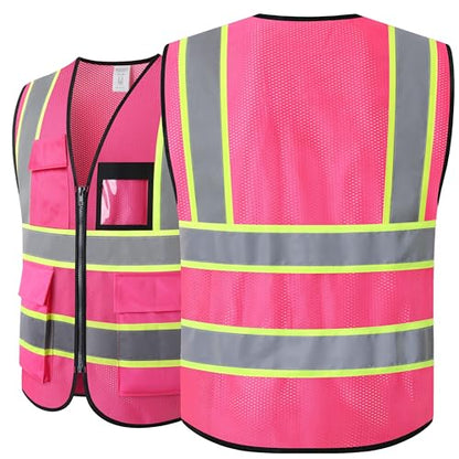 Reflective Safety Vest for Men Women Hi Vis Vest with 8 Pockets High Visibility Mesh Reflective Vest (Pink-07,Medium) - color: Pink, size: Medium