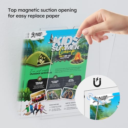 HIIMIEI Acrylic Sign Holder 8.5 x 11 Wall Mount with Paper Fixing Magnet and Double-Sided Tape, No Drilling Required (6 Pack) - Perfect for Office, Home, Store, and Restaurant