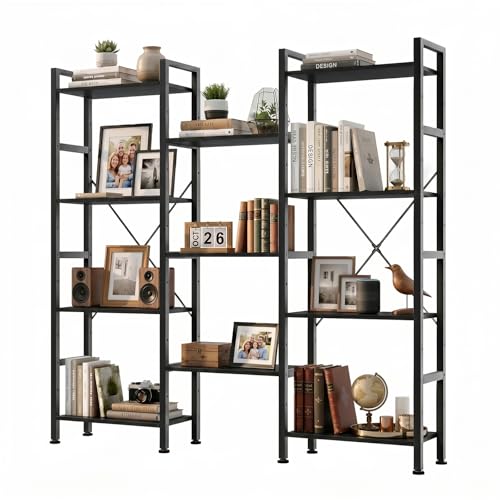 Triple Bookshelf, Free Standing Bookcase with Open Storage Shelves - color: Classic Black, size: 11 Tier