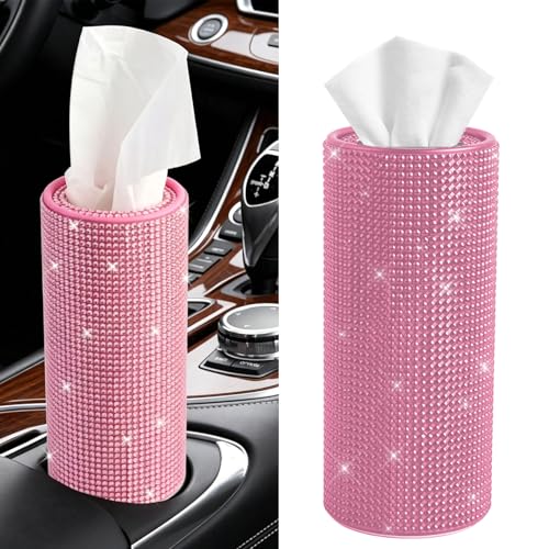 Bling Car Tissue Holder for Cup Holder, Car Organizer, Sparkly Diamond Automotive Interior Tissue Cylinder Storage Box, Cylinder Tissue Dispenser for Cars Decor Universal for Most Cars (Pink) - color: Pink