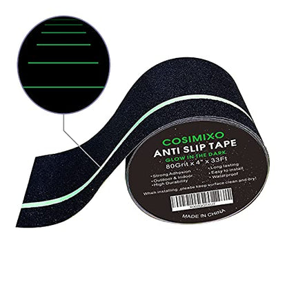 COSIMIXO 4" x 33FT Anti Slip Tape with Glow in The Dark Stripe,Premium Grip Tape Non Slip Stair Treads Tape,Non Skid Tape, High Traction Adhesive for Stairs Step Black/Green - color: Black, size: 4Inch x 33Ft