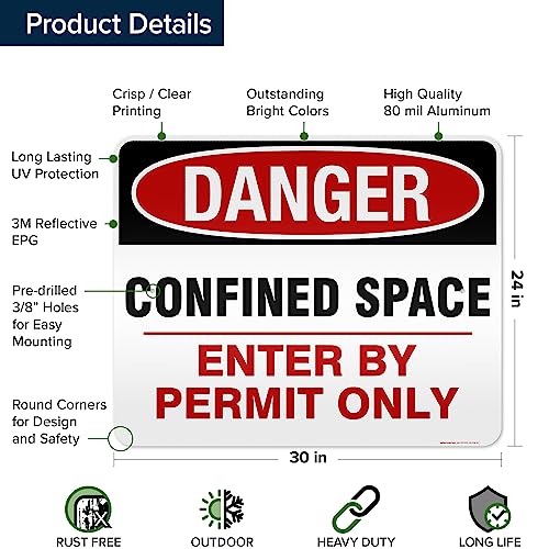 Danger Confined Space Enter By Permit Only Sign, 24x30 Inches, 3M EGP - size: 24x30 - Aluminum Reflective