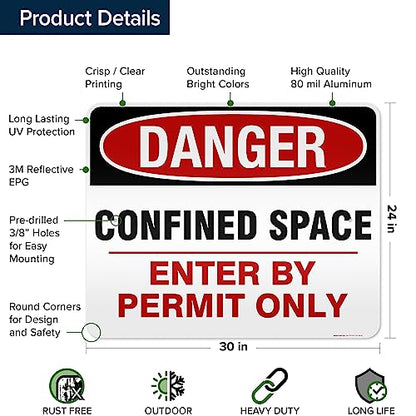 Danger Confined Space Enter By Permit Only Sign, 24x30 Inches, 3M EGP - size: 24x30 - Aluminum Reflective