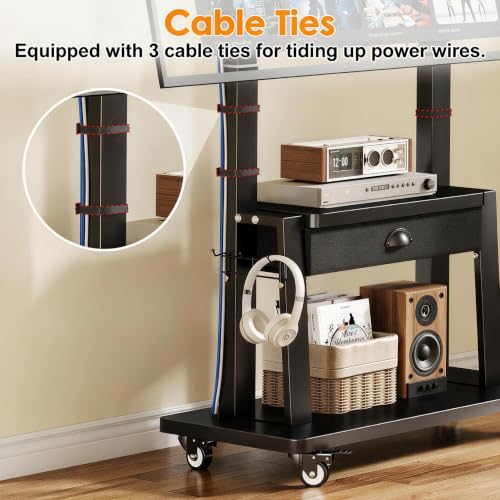 Mobile TV Stand with Storage Drawer for 23-75 Inch TVs up to 120lbs, Heavy Duty Rolling TV Cart with 2-Tier Shelves, Adjustable Height Outdoor TV Stand on Wheels, Max VESA 600x400mm, Black - color: Black