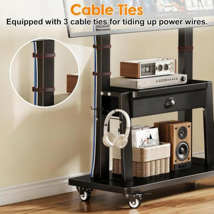 Mobile TV Stand with Storage Drawer for 23-75 Inch TVs up to 120lbs, Heavy Duty Rolling TV Cart with 2-Tier Shelves, Adjustable Height Outdoor TV Stand on Wheels, Max VESA 600x400mm, Black - color: Black