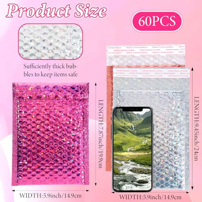 60 Pcs Bubble Mailers Holographic Bubble Mailers Opaque Padded Envelopes Self Seal Shipping Envelopes for Mailing, Packaging, Boutique, Thick Bubbles Padded Mailer - 5.9 x 7.87 Inch