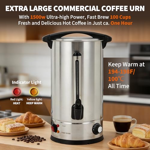 100-Cup Coffee Urn, 14L / 3.8Gal Double Wall Insulation Coffee Dispenser, Stainless Steel Large Hot Beverage Dispenser with Automatic Temperature Control & Faucet Commercial Coffee Urn, Silver - color: Silver, size: 14L/3.7Gal