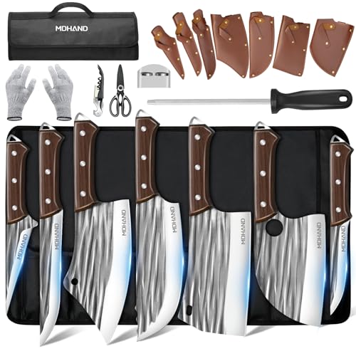 MDHAND Butcher Knife Set, Hand Forged Kitchen Chef Knife Set with Roll Bag - size: 14PCS Stripe Butcher Knife Set